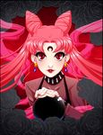  bishoujo_senshi_sailor_moon black_lady chibi_usa crescent crystal_earrings double_bun earrings facial_mark forehead_mark highres jewelry lipstick long_hair makeup nail_polish nose older orb pink_hair red_eyes see-through setsuna22 solo twintails very_long_hair 