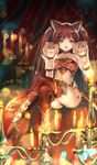  animal_ears bare_shoulders blush boots breasts brown_hair candle cerberus_(shingeki_no_bahamut) cleavage crossed_legs dog_ears gold_trim high_heel_boots high_heels long_hair looking_at_viewer medium_breasts open_mouth puppet red_eyes shingeki_no_bahamut shingeki_no_bahamut:_genesis sitting smile solo thigh_boots thighhighs twintails very_long_hair yasuyuki 