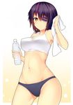  bare_shoulders bottle breasts covered_nipples eyepatch headgear highres kantai_collection large_breasts looking_at_viewer navel no_headwear purple_hair solo sports_bikini stomach suteba_(grzjkbhgf) sweat tank_top tenryuu_(kantai_collection) towel yellow_eyes 