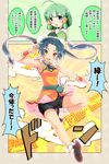  ahoge armpits bike_shorts blue_eyes blue_hair bracer cafe-chan_to_break_time china_dress chinese_clothes cleavage_cutout comic commentary double_bun dragon dress eastern_dragon fang green_hair hair_bun hair_ornament hair_tubes leaf_hair_ornament midori_(cafe-chan_to_break_time) multiple_girls personification porurin sei_(cafe-chan_to_break_time) translated twintails yellow_eyes 