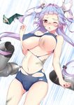  bad_id bad_pixiv_id blue_hair blush breasts damaged i-19_(kantai_collection) kantai_collection large_breasts long_hair navel one_eye_closed purple_eyes school_swimsuit solo soot swimsuit torn_clothes torn_swimsuit underboob wince yappen 
