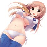  aikawa_chiho bikini bikini_under_clothes blush breasts brown_eyes brown_hair chihaya_72 cleavage covered_nipples front-tie_top large_breasts long_hair looking_at_viewer navel open_mouth pleated_skirt school_uniform school_uniform_(yuyushiki) serafuku side-tie_bikini simple_background skirt skirt_pull smile solo stomach swimsuit swimsuit_under_clothes underboob white_background white_bikini yuyushiki 