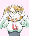  adjusting_eyewear bespectacled blush_stickers breasts brown_eyes brown_hair glasses gundam gundam_build_fighters gundam_build_fighters_try large_breasts long_sleeves looking_at_viewer over-rim_eyewear pink_background sazaki_kaoruko semi-rimless_eyewear shirt simple_background sketch smile solo twintails ueyama_michirou upper_body yellow-framed_eyewear 