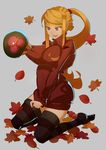  alien autumn autumn_leaves black_legwear blonde_hair blue_eyes blush breast_grab breasts clothes_tug dress grabbing highres kneeling large_breasts long_hair metroid metroid_(creature) ponytail ribbed_sweater samus_aran solo splashbrush sweater sweater_dress sweater_tug thighhighs turtleneck zettai_ryouiki 