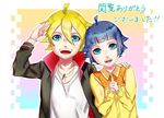  1girl ahoge arm_around_shoulder black_hair blue_eyes brother_and_sister facial_mark hands_clasped jacket jewelry looking_at_viewer naruto naruto_(series) necklace open_mouth own_hands_together salute short_hair siblings smile tetta_(tetta03) uzumaki_boruto uzumaki_himawari 