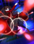 black_legwear blue_eyes blurry brown_hair command_spell depth_of_field fate/stay_night fate_(series) hair_ribbon highres jacket loafers long_hair looking_at_viewer pantyhose ribbon shoes skirt sola7764 solo toosaka_rin two_side_up 