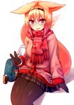  absurdres animal_ears bad_id bad_pixiv_id bag blonde_hair blue-framed_eyewear can glasses gloves hairband highres looking_at_viewer original pantyhose plaid plaid_skirt red_eyes red_scarf scarf short_hair simple_background sitting skirt smile solo sukemyon tail v white_background 