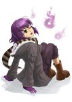  absurdres boots borrowed_character full_body fur_trim ghost gloves green_eyes highres hitodama isabelle_(acerailgun) jastersin21 one_eye_closed original purple_hair scarf shadow simple_background sitting smile solo striped striped_scarf white_background 