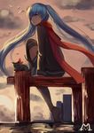  bird blue_eyes blue_hair cat floating_hair hair_over_one_eye hatsune_miku highres long_hair red_scarf ryuuno6 scarf sitting solo thighhighs twintails very_long_hair vocaloid 