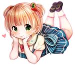  bad_id bad_pixiv_id blurry blush bow bowtie child depth_of_field dress food food_themed_hair_ornament fruit full_body green_eyes hair_ornament hands_on_own_cheeks hands_on_own_face heart ichigo_shokora legs_up lying on_stomach orange_hair original shoes short_hair short_twintails simple_background smile socks solo strawberry strawberry_hair_ornament twintails white_background 