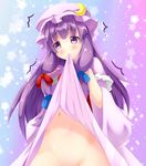  1girl blush bottomless bow crescent crescent_hair_ornament cropped dress dress_in_mouth dress_lift hair_bow hair_ornament hat kamukamu_(benjomeshi_tsuushin) long_hair mouth_hold navel no_panties out-of-frame_censoring patchouli_knowledge purple_eyes purple_hair solo touhou trembling 