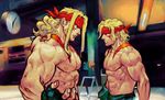  abs alex_(street_fighter) blonde_hair blue_eyes dual_persona faceoff fingerless_gloves gloves headband height_difference long_hair multiple_boys muscle shirtless steven_mack street_fighter street_fighter_iii_(series) tattoo time_paradox younger 