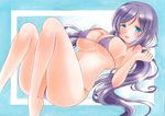  acrylic_paint_(medium) bikini blue_eyes blush breasts cleavage covered_nipples hand_on_own_chest large_breasts long_hair looking_at_viewer love_live! love_live!_school_idol_project lying on_back open_mouth pom77 purple_bikini purple_hair solo swimsuit toujou_nozomi traditional_media twintails 