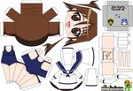  :d artist_name blush breasts brown_eyes brown_hair chibi el_joey hair_between_eyes highres medium_breasts miyafuji_yoshika open_mouth paper_cutout papercraft sailor_collar scarf shoes smile solo strike_witches swimsuit watermark web_address world_witches_series 