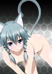  :p absurdres animal_ears ass bad_id bad_pixiv_id bent_over blue_eyes blush breasts cat_ears cat_tail chinpu_(illustration) highres leaning_forward nude short_hair sinon sinon_(sao-alo) small_breasts solo sword_art_online tail tongue tongue_out twintails 