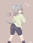  alternate_costume animal_ears ass bike_shorts black_legwear blush cube85 grey_hair highres long_sleeves looking_at_viewer mouse_ears mouse_tail nazrin open_mouth red_eyes ribbed_sweater short_hair solo sweater tail touhou translation_request 