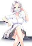  bad_id bad_pixiv_id breasts collarbone crossed_legs dress_shirt large_breasts long_hair looking_at_viewer low_ponytail original ponytail shirt silver_eyes silver_hair skirt solo surgical_mask very_long_hair white_background yappen 
