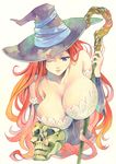  agahari bare_shoulders breasts cleavage colored_pencil_(medium) detached_sleeves dragon's_crown dress hat highres huge_breasts lips long_hair one_eye_closed paint_(medium) parted_lips purple_eyes red_hair skull solo sorceress_(dragon's_crown) staff strapless strapless_dress striped traditional_media upper_body vertical_stripes witch_hat 