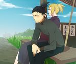  1girl black_hair blonde_hair highres ichii_(pixiv) japanese_clothes long_hair nara_shikamaru naruto:_the_last naruto_(series) ponytail temari two_side_up 