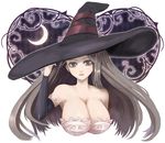  azami bare_shoulders black_eyes black_hair breasts cleavage crescent_moon detached_sleeves dragon's_crown hat huge_breasts long_hair looking_at_viewer moon solo sorceress_(dragon's_crown) upper_body witch_hat 