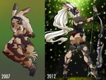  2007 2012 animal_ears artist_progress ass bow_(weapon) bracer breasts bunny_ears cleavage comparison dark_skin ears_through_headwear elbow_pads final_fantasy final_fantasy_xii fran helmet high_heels long_hair medium_breasts planted_weapon red_eyes revealing_clothes scrunchie setsuna22 solo standing thighhighs very_long_hair viera weapon white_hair 
