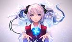  blue_eyes bow bowtie crystal floating_hair jname long_hair looking_at_viewer magic original outstretched_hand parted_lips pink_hair solo twintails 