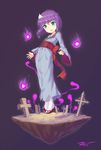  borrowed_character floating full_body ghost green_eyes highres hitodama isabelle_(acerailgun) japanese_clothes kimono long_sleeves nevi_nakuta original purple_background purple_hair sandals signature solo tabi tombstone triangular_headpiece wide_sleeves 