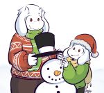  asriel_dreemurr azenzeph boss_monster caprine carrot clothing food hat horn long_ears mammal mother parent parent_and_child red_eyes scarf simple_background smile snowman son sweater toriel undertale vegetable video_games white_background 