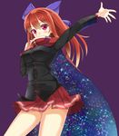  alternate_hair_length alternate_hairstyle ashu bow breasts cape hair_bow long_hair medium_breasts outstretched_arm pink_eyes print_cape purple_background red_hair red_skirt sekibanki simple_background skirt solo starry_sky_print touhou 