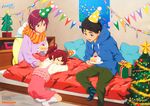  2boys bed black_hair blue_eyes brother_and_sister cake child christmas christmas_tree closed_eyes food free! fruit gift hair_bobbles hair_ornament hat hood hoodie matsuoka_gou matsuoka_rin multiple_boys newtype nishiya_futoshi official_art on_bed open_mouth party_hat plate red_eyes red_hair scarf siblings side_ponytail sitting sitting_on_bed sleeping slice_of_cake smile strawberry strawberry_shortcake yamazaki_sousuke younger 