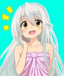  :d bare_shoulders blue_background cacao_(chocolat) long_hair looking_at_viewer open_mouth original silver_hair simple_background smile solo yellow_eyes 