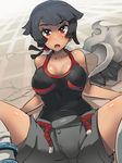  bare_shoulders black_hair blush boris_(noborhys) breasts cleavage grey_hair higana_(pokemon) large_breasts looking_at_viewer one-piece_swimsuit open_mouth pokemon pokemon_(game) pokemon_oras red_eyes short_hair shorts simple_background solo swimsuit 