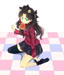  animal_ears black_hair blue_eyes cat_ears fate/stay_night fate_(series) food food_in_mouth long_hair mitchlin mouth_hold solo thighhighs toast toast_in_mouth toosaka_rin two_side_up 