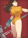 ass bangs black_hair breasts cowboy_shot diane_(nanatsu_no_taizai) english fingerless_gloves from_behind gloves grin half-closed_eyes hammer holding holding_weapon kneepits leotard long_hair looking_at_viewer looking_back medium_breasts nanatsu_no_taizai orange_leotard profile puffy_short_sleeves puffy_sleeves purple_eyes red_background short_sleeves simple_background single_glove smile smirk solo standing twintails weapon yukin_(es) 
