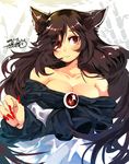  2014 3: animal_ears bare_shoulders blush breasts brooch brown_hair cleavage collarbone dated dress fingernails imaizumi_kagerou iroyopon jewelry large_breasts long_fingernails long_hair long_sleeves looking_to_the_side red_eyes signature sketch solo touhou wolf_ears 