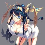  badominton black_hair blue_eyes breasts cleavage downblouse egyptian garter_straps garters glasses headdress isis_(p&amp;d) large_breasts leaning_forward long_hair pointer puzzle_&amp;_dragons semi-rimless_eyewear skirt skirt_set solo thighhighs under-rim_eyewear 