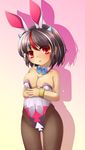  adapted_costume animal_ears black_hair bow bowtie breasts bunny_ears bunnysuit cleavage detached_collar highres horns kakiikada kijin_seija multicolored_hair pantyhose short_hair solo streaked_hair tears touhou two-tone_hair wrist_cuffs 