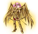  armor arrow bow_(weapon) breastplate commentary gauntlets gold_armor gold_saint greaves highres kaname_madoka kouga_(hipporit) mahou_shoujo_madoka_magica parody pauldrons pink_eyes pink_hair sagittarius_aioros saint_seiya solo weapon wings 