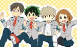  3boys bad_id bad_pixiv_id bakugou_katsuki blush boku_no_hero_academia brown_eyes brown_hair hyadain_no_joujou_yuujou iida_tenya midoriya_izuku multiple_boys nichijou parody school_uniform short_hair u.a._school_uniform uraraka_ochako yagiushi_(sinnpatilove) 