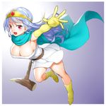  :d armpits blue_hair blush boots breasts cape cleavage dragon_quest dragon_quest_iii dress elbow_gloves gloves large_breasts onsoku_maru open_mouth red_eyes sage_(dq3) smile solo staff tiara 