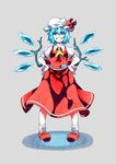  ascot bad_id bad_pixiv_id blonde_hair blue_eyes blue_hair bow cirno cosplay flandre_scarlet flandre_scarlet_(cosplay) grin hands_on_hips hat hat_ribbon highres ice ice_wings ribbon short_hair smile solo tell touhou wings 