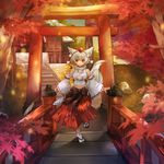  animal_ears breasts detached_sleeves hat inubashiri_momiji large_breasts midriff navel pom_pom_(clothes) red_eyes revision sandals settyaro short_hair shrine side_slit skirt smile solo tail tokin_hat torii touhou white_hair white_legwear wolf_ears wolf_tail 