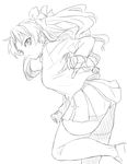  &gt;:( breasts fate/stay_night fate_(series) frown gem greyscale hair_ribbon leg_lift legs long_hair long_sleeves looking_at_viewer medium_breasts miniskirt monochrome onsoku_maru ribbon running serious sketch skirt solo standing standing_on_one_leg thick_thighs thighhighs thighs toosaka_rin two_side_up v-shaped_eyebrows very_long_hair 