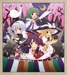  :&lt; ascot bare_shoulders blonde_hair blush_stickers border bow braid cherry_blossoms crescent_moon detached_sleeves frills frog ghost gohei grave green_hair hair_bow hair_ornament hair_tubes hakurei_reimu hat hat_bow highres hitodama kirisame_marisa kochiya_sanae konpaku_youmu konpaku_youmu_(ghost) long_hair mini-hakkero moon multiple_girls ofuda open_mouth purple_hair revision scabbard sheath silver_hair skirt sotoba stone_lantern sword tanpinsansyoku ten_desires tombstone touhou tree weapon 