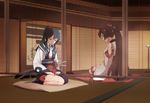  adapted_costume bare_shoulders black_hair blinds brown_hair closed_eyes detached_sleeves japanese_clothes kantai_collection katana kisetsu long_hair multiple_girls ponytail seiza single_thighhigh sitting sudare sword thighhighs very_long_hair weapon yahagi_(kantai_collection) yamato_(kantai_collection) 