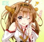  ahoge bare_shoulders bent_over brown_hair dated detached_sleeves headgear kantai_collection kongou_(kantai_collection) long_hair looking_at_viewer nontraditional_miko one_eye_closed pink_eyes ribbon-trimmed_sleeves ribbon_trim solo star translation_request twitter_username yellow_bunny 
