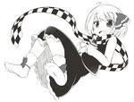  :d ahoge ankle_ribbon blush dress fang feet greyscale jagabutter long_skirt long_sleeves looking_at_viewer monochrome open_mouth ribbon rumia scarf short_hair skirt smile socks soles solo touhou 