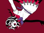 black_hair bow directional_arrow dress horns kanitama_(putyourhead) kijin_seija multicolored_hair open_mouth outstretched_arms red_eyes red_hair short_hair sketch smile solo streaked_hair touhou upside-down white_hair 