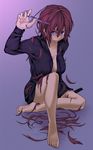  barefoot breasts cleavage collarbone comb cutting_hair drawstring full_body gradient gradient_background highres hood hood_down hoodie large_breasts long_sleeves looking_at_viewer messy_hair naked_hoodie original purple_background purple_eyes red_hair scissors severed_hair short_hair sitting solo sudo_(mrsaaad9) 