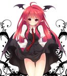  ahoge bad_id bad_pixiv_id bare_legs bat_wings blush breasts empty_eyes head_wings juuku koakuma long_hair long_sleeves looking_at_viewer medium_breasts multiple_wings necktie pointy_ears puffy_sleeves red_eyes red_hair red_neckwear skirt skirt_lift solo touhou vest wings 